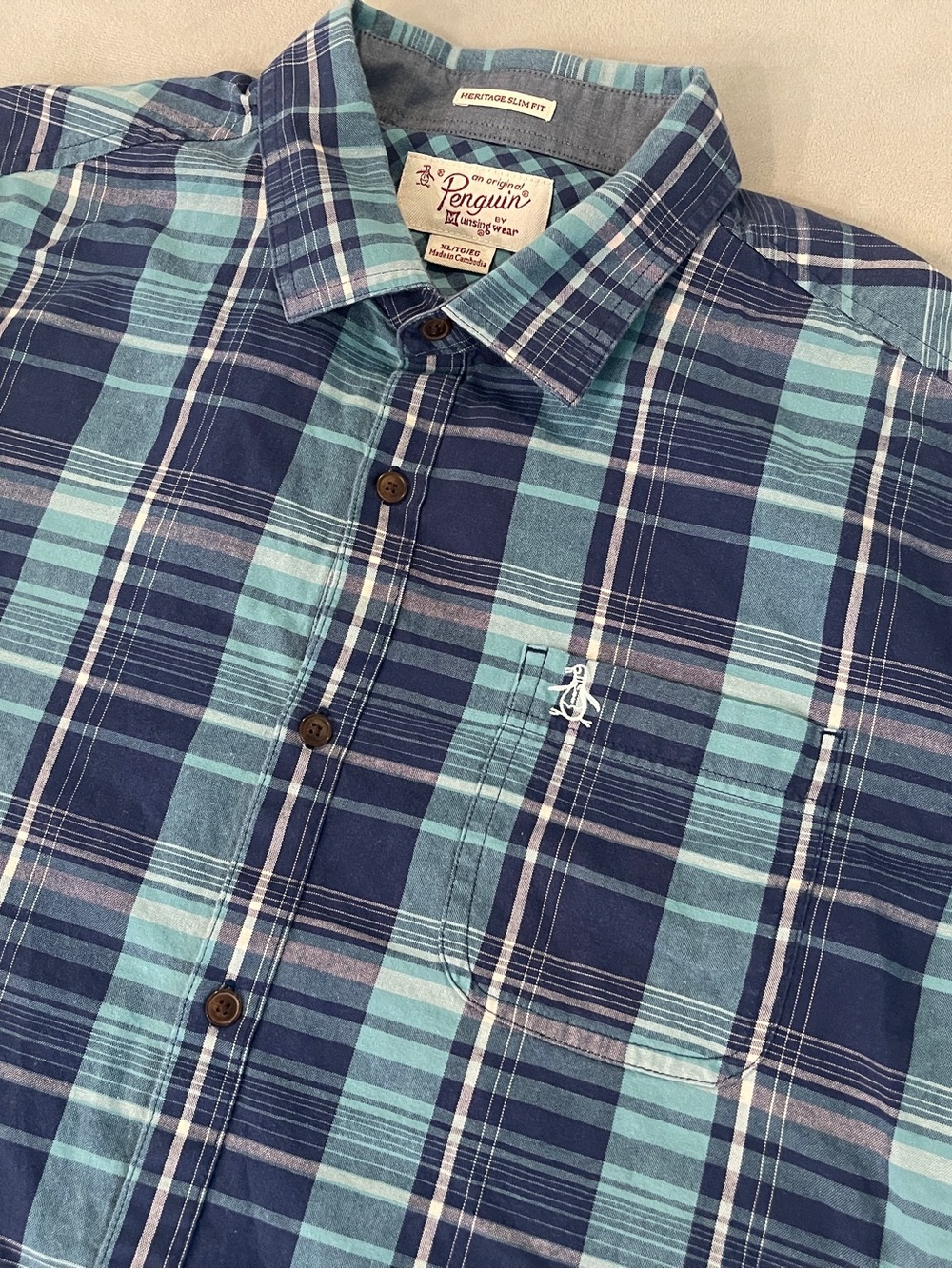 Original Penguin Navy and Teal Plaid Button-Down Shirt